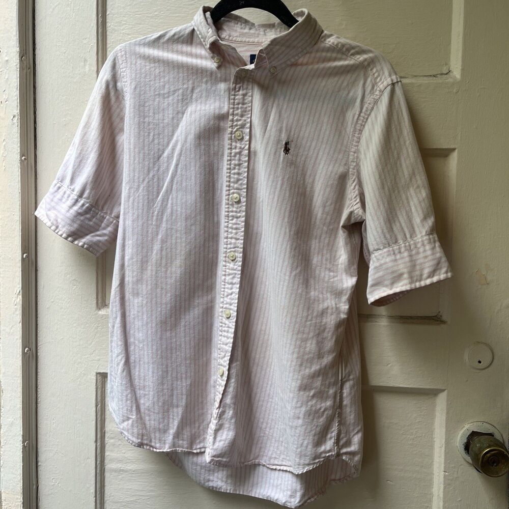 Ralph Lauren Slim Fit Striped Shirt Sz M Pink Short Sleeve Button-Down Preppy